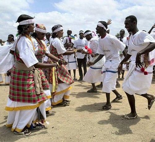 Somalilanders in traditional dress performing a cultural dance