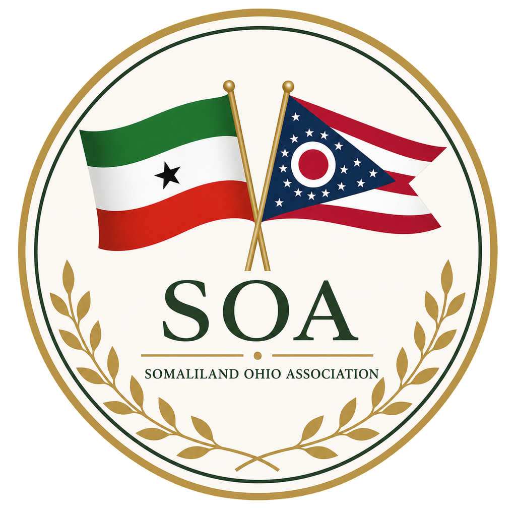 Somaliland Ohio Association crest featuring the Somaliland and Ohio flags encircled by a gold laurel wreath